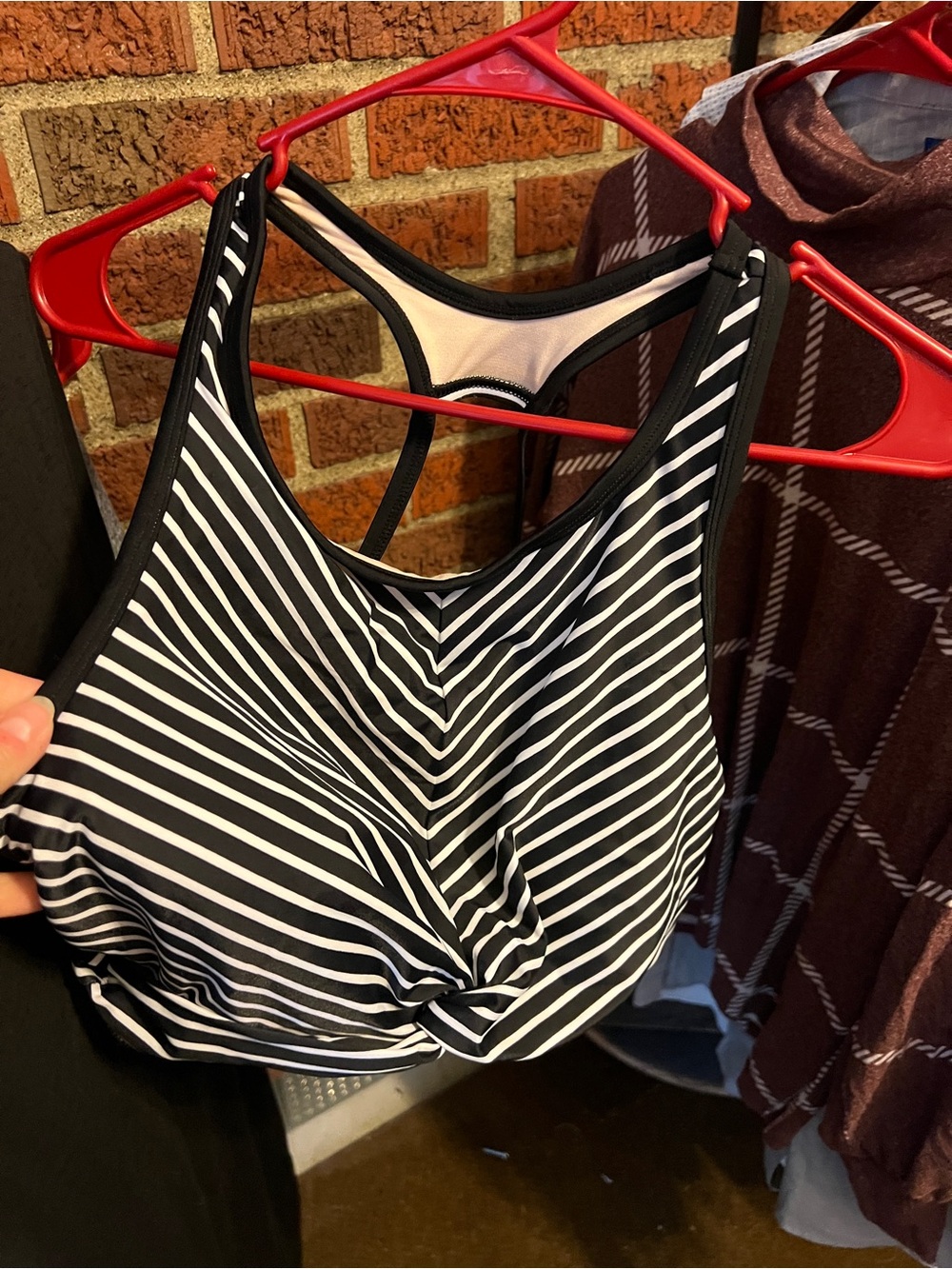 Kona Sol Black and White Striped High Neck Bikini Top